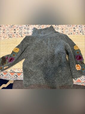 Women's Gray Turtleneck Sweater with Embroidered Floral Sleeves